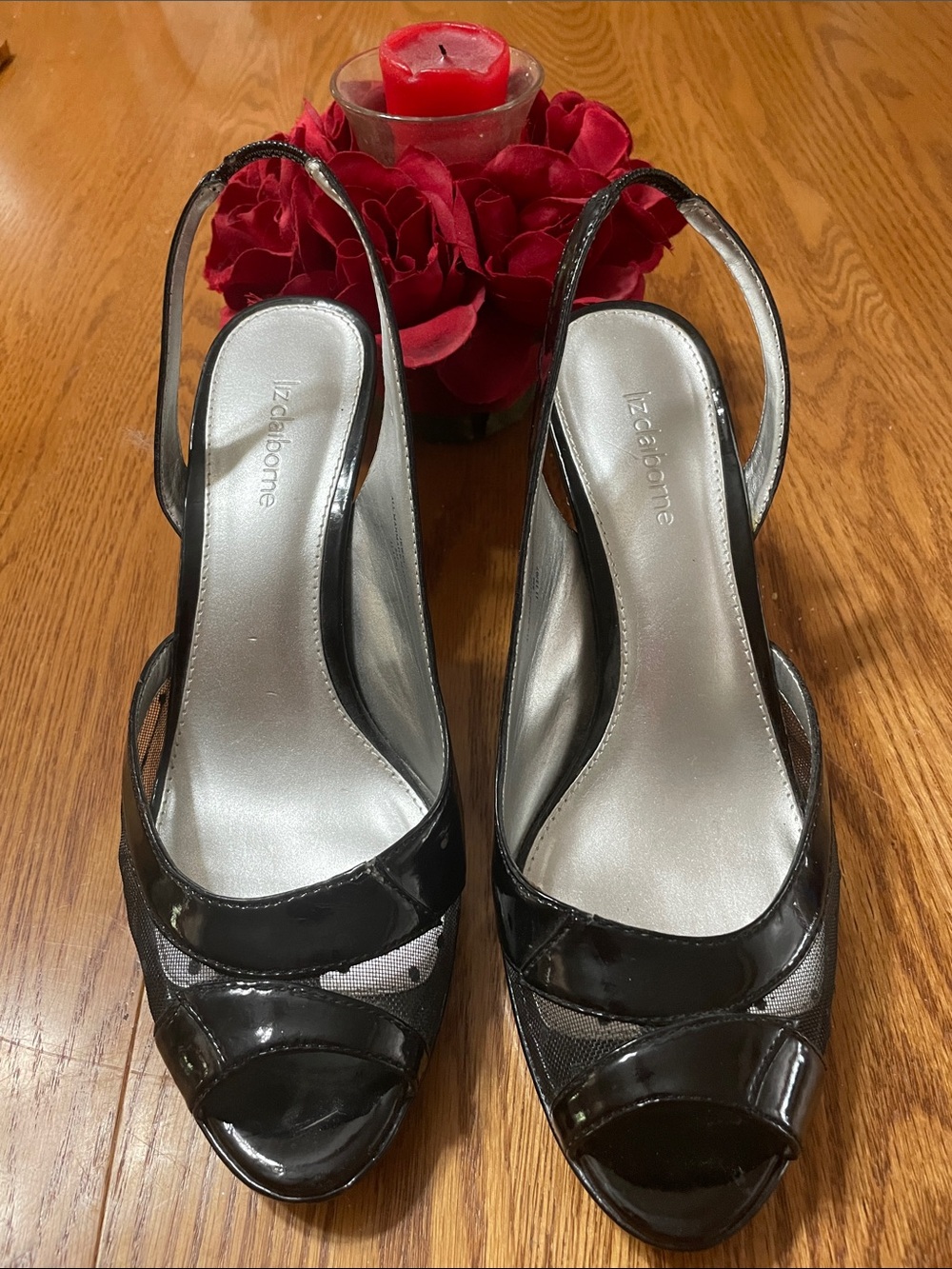 Liz Claiborne Black Patent Slingback Peep-Toe Heels